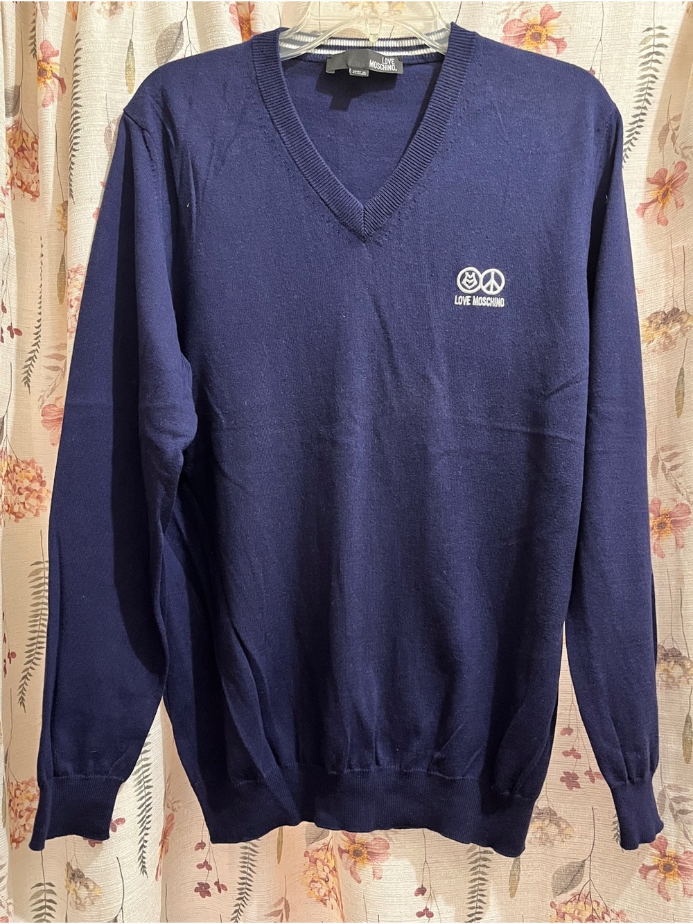 Love Moschino Dark Blue V-Neck Sweater with Logo